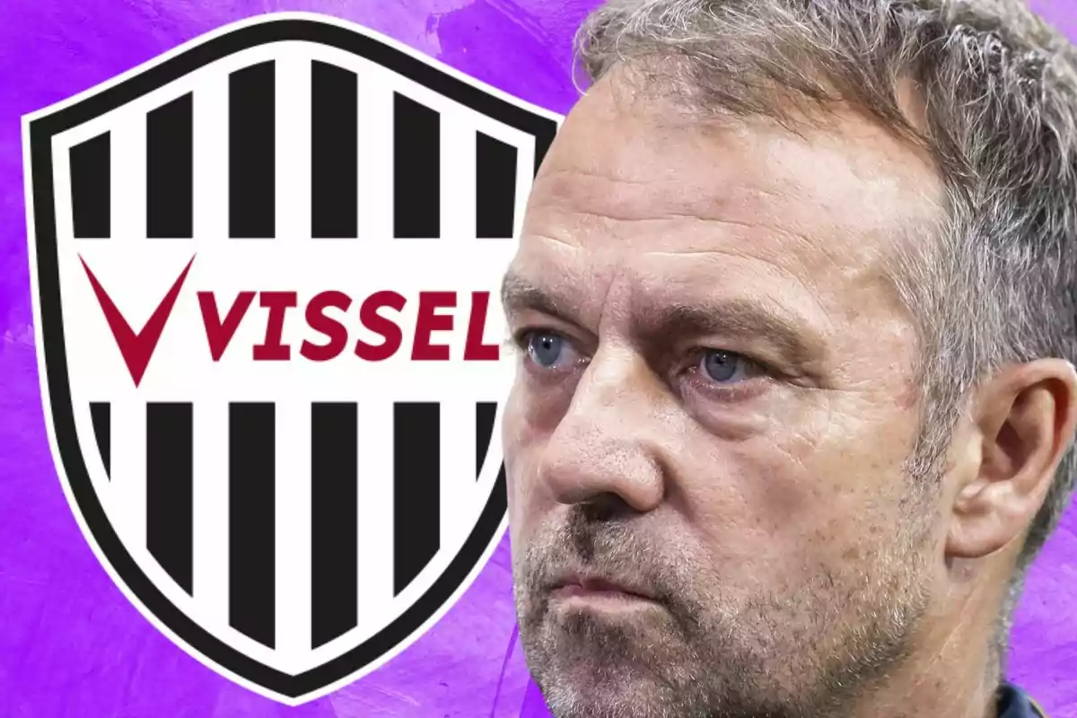 Man with a serious expression in front of the Vissel Kobe crest against a purple background