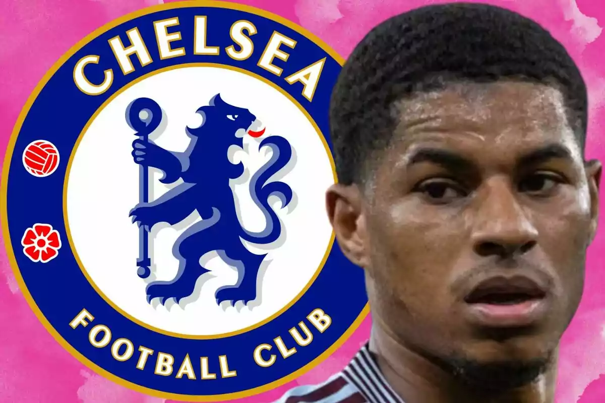 Un jugador de fútbol con expresión seria aparece en primer plano junto al escudo del Chelsea sobre un fondo rosa