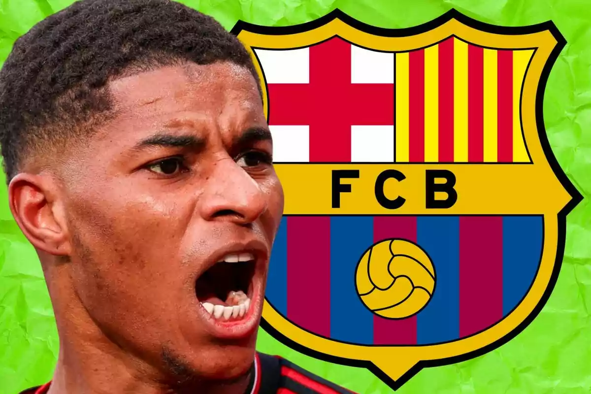 Soccer player with an intense expression in front of the FC Barcelona crest against a green background