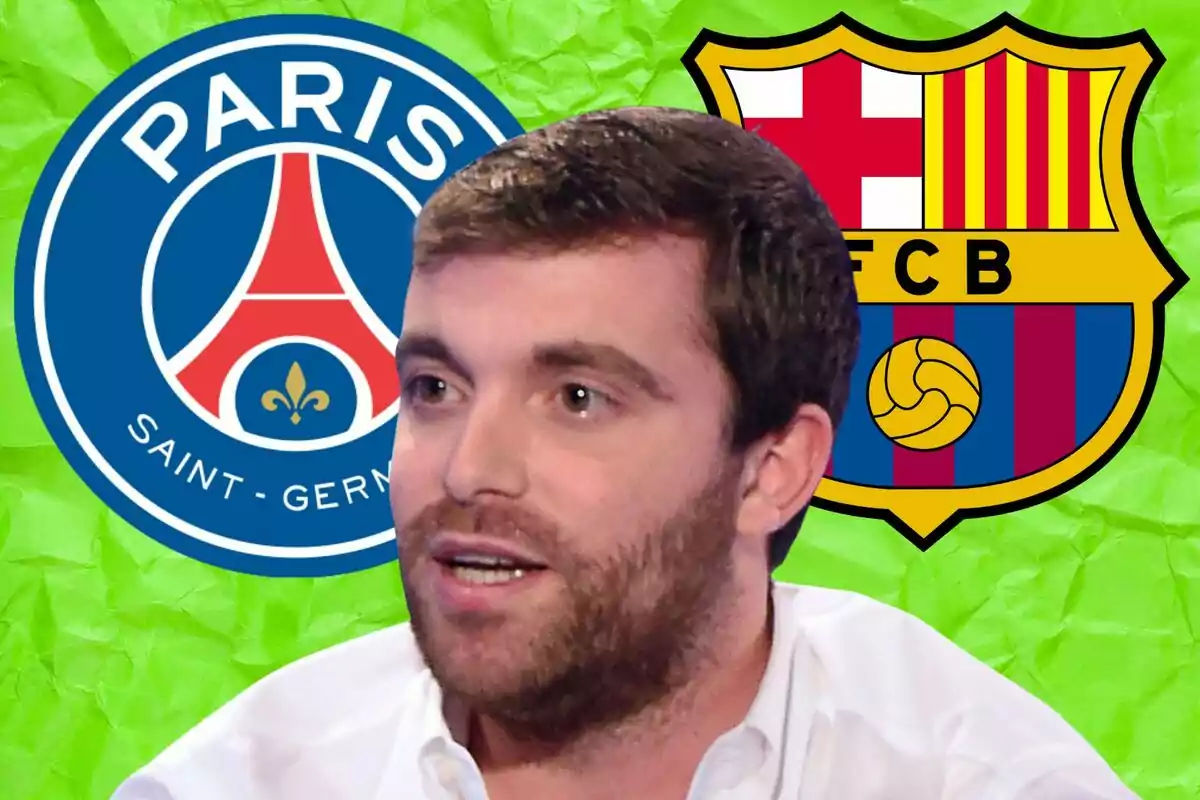 Man with a beard and short hair with the PSG and Barcelona crests in the background on a green backdrop