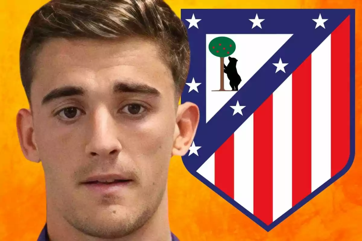 A young man with short hair appears next to the Atlético de Madrid crest against an orange background.