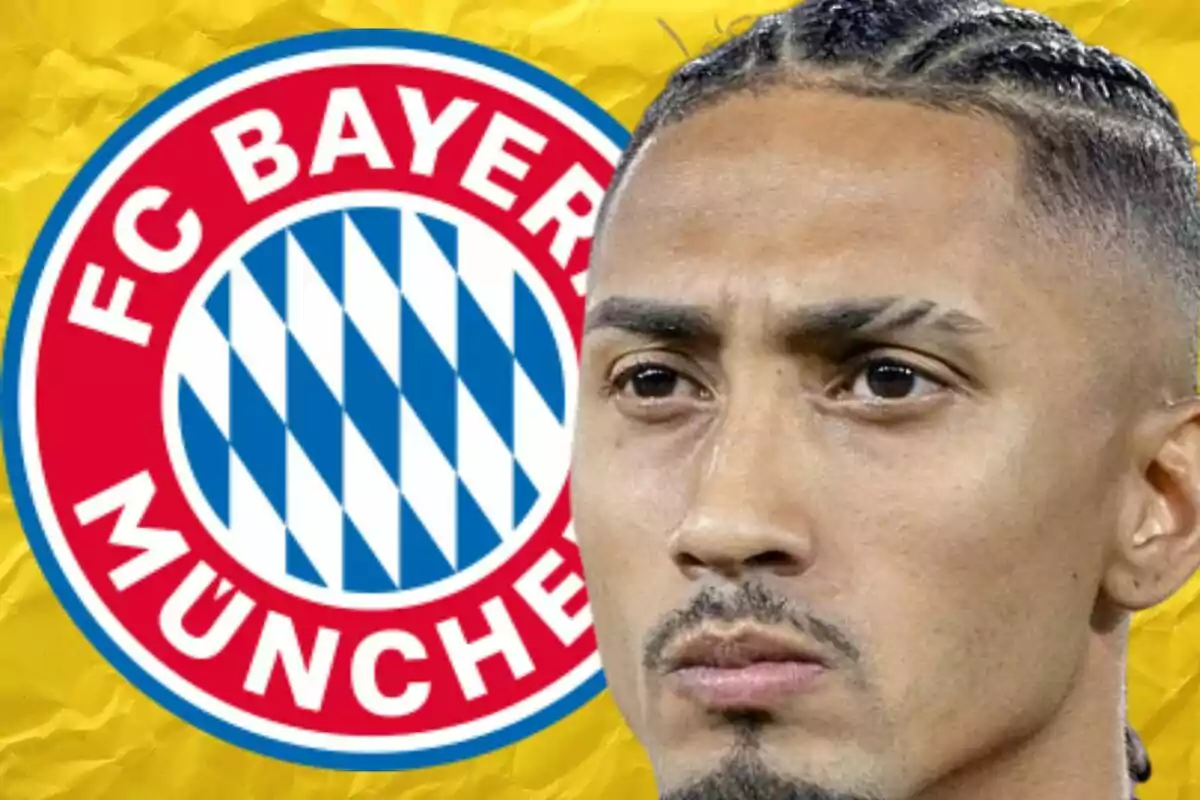 Soccer player with a serious expression in front of the Bayern Munich crest against a yellow background