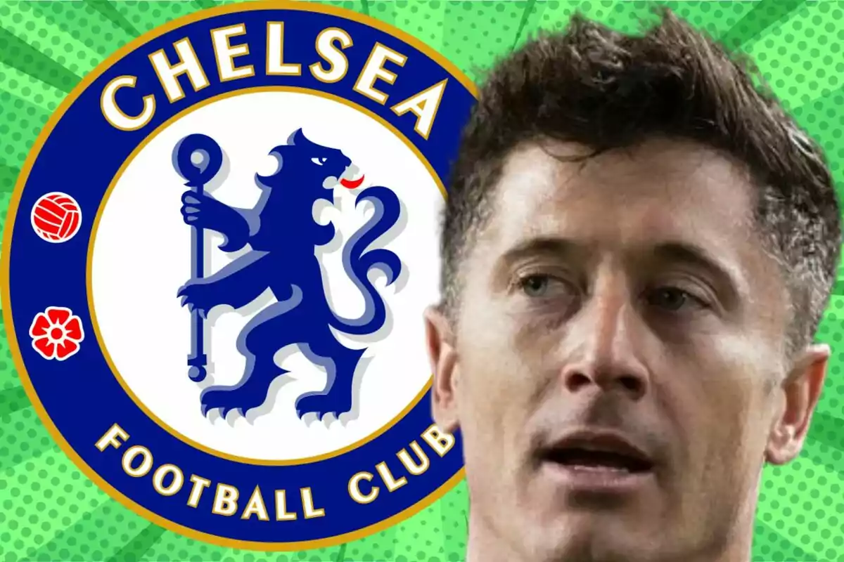 A player appears in the foreground next to the Chelsea crest on a green background with dots.