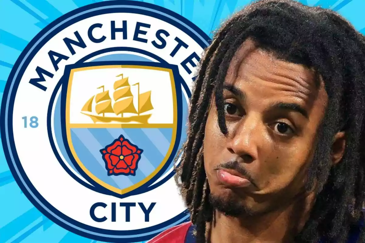 A player with a serious expression appears in front of the Manchester City crest against a blue background.