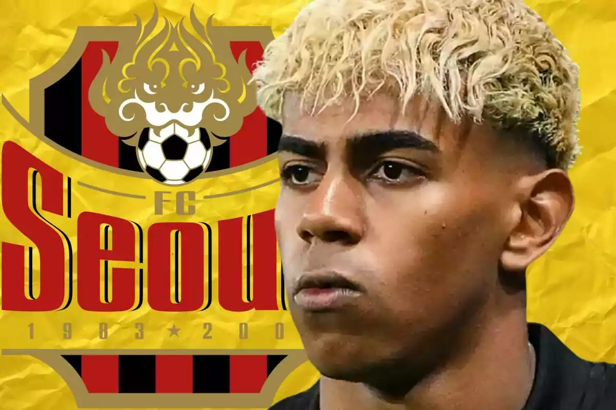 Blond-haired player with a serious expression in front of the FC Seoul crest against a yellow background