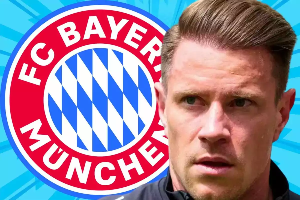 Hombre de cabello corto y rubio con expresión seria frente al escudo del Bayern Múnich sobre un fondo azul