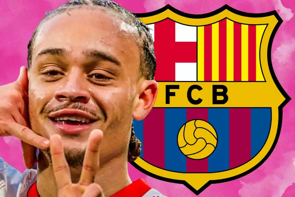 Soccer player celebrating with hands in front of the FC Barcelona crest on a pink background