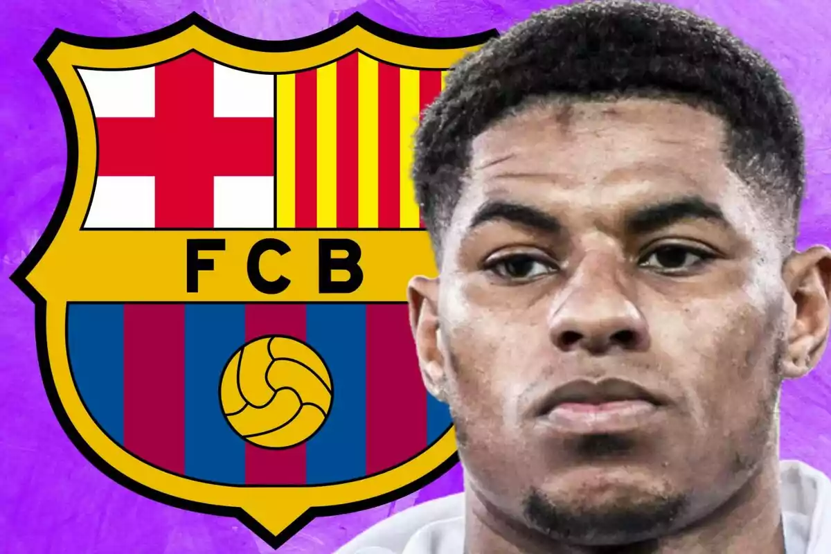 A player with a serious expression appears in the foreground with the FC Barcelona crest in the background against a purple backdrop.