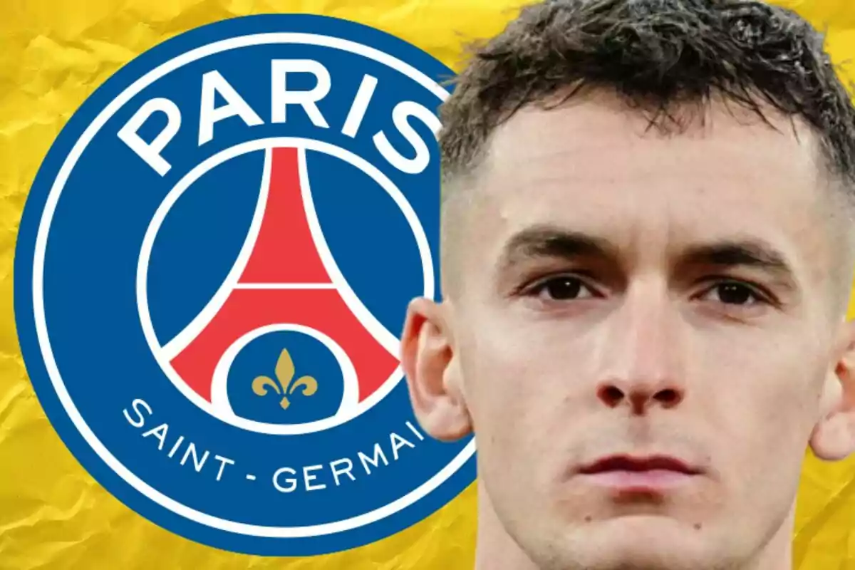 A man with short hair appears in the foreground next to the Paris Saint-Germain football club crest against a yellow background.