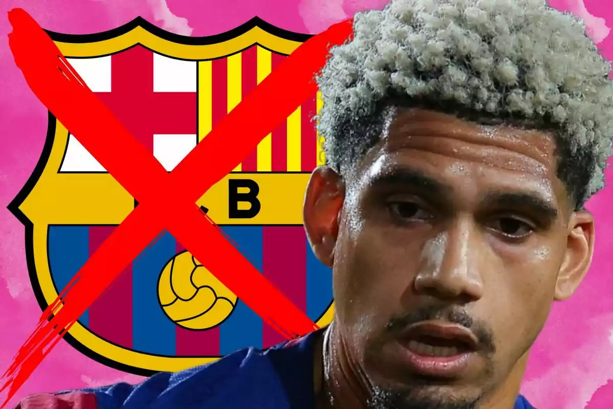 Jugador de fútbol con expresión seria frente al escudo del FC Barcelona tachado con una gran X roja sobre fondo rosa