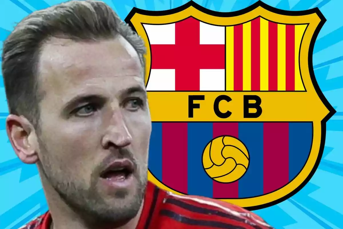 A player in a red jersey appears in the foreground with the FC Barcelona crest in the background on a blue design.