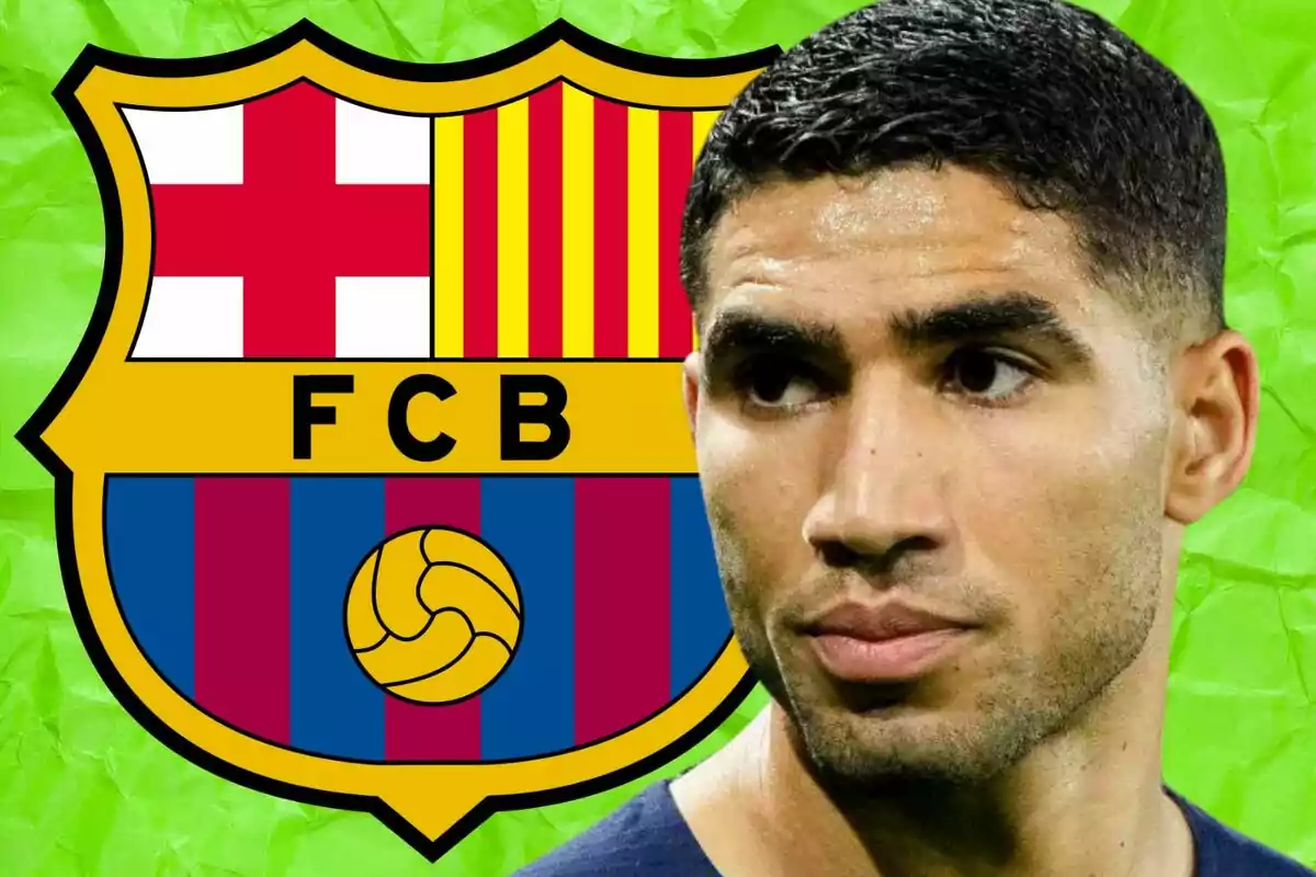 A short-haired player appears in the foreground with the FC Barcelona crest in the background against a green backdrop.