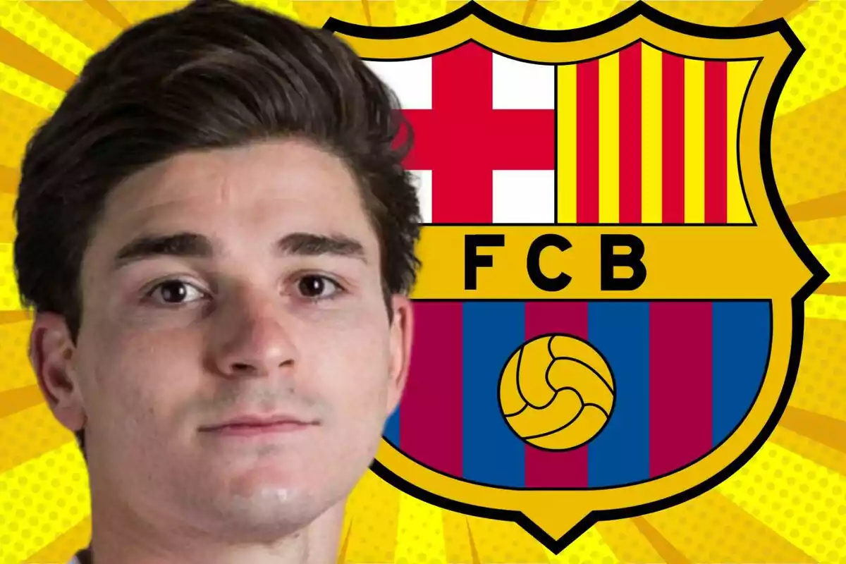 A young man with dark hair appears in the foreground in front of the FC Barcelona crest against a striking yellow background.