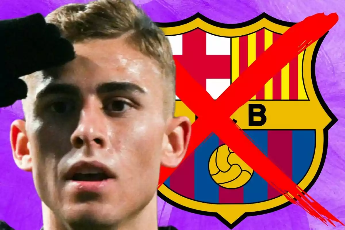 Un joven futbolista en primer plano con el escudo del FC Barcelona al fondo tachado con una gran X roja