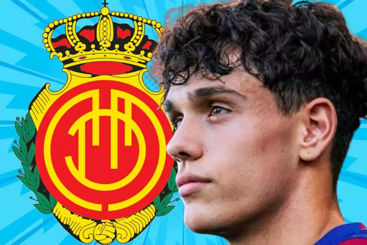 Young player in profile with the Real Mallorca crest in the background on a striking blue design