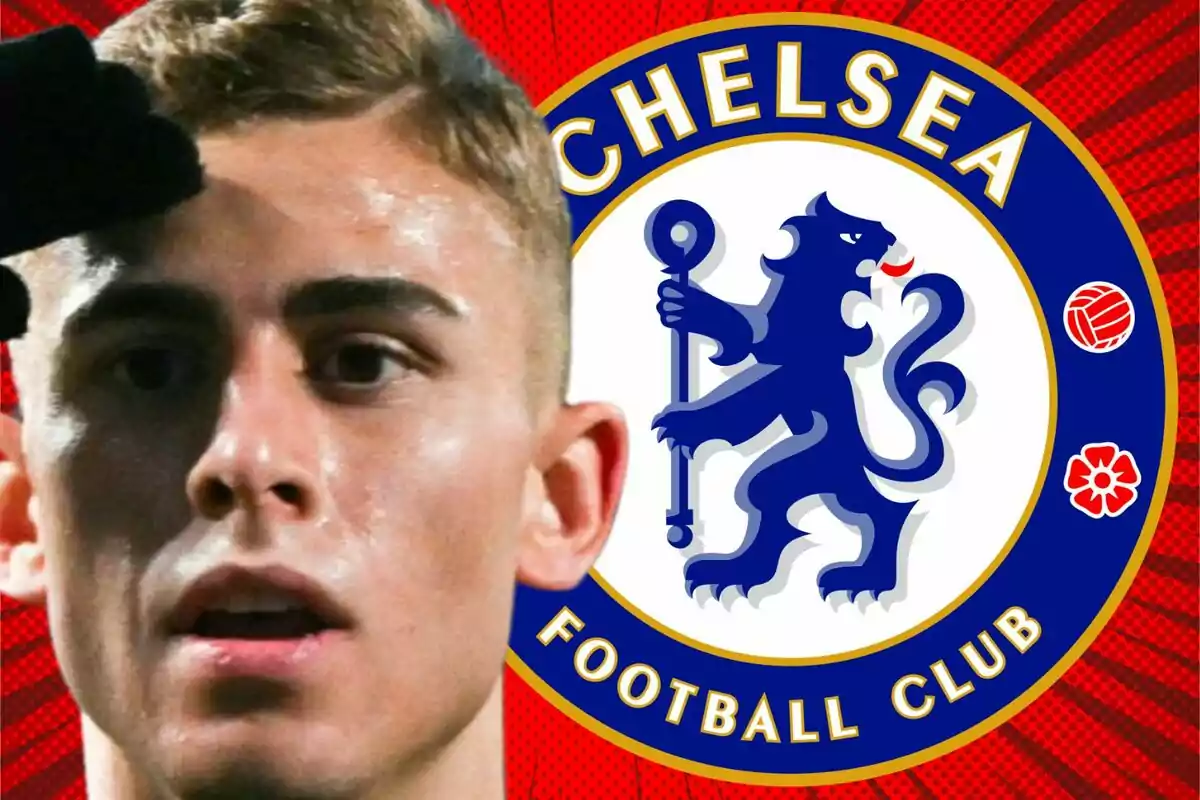 Un jugador de fútbol en primer plano con el escudo del Chelsea de fondo sobre un diseño rojo