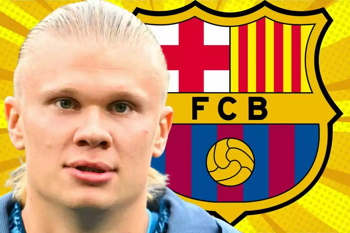 Un futbolista rubio aparece en primer plano con el escudo del FC Barcelona de fondo sobre un diseño amarillo llamativo