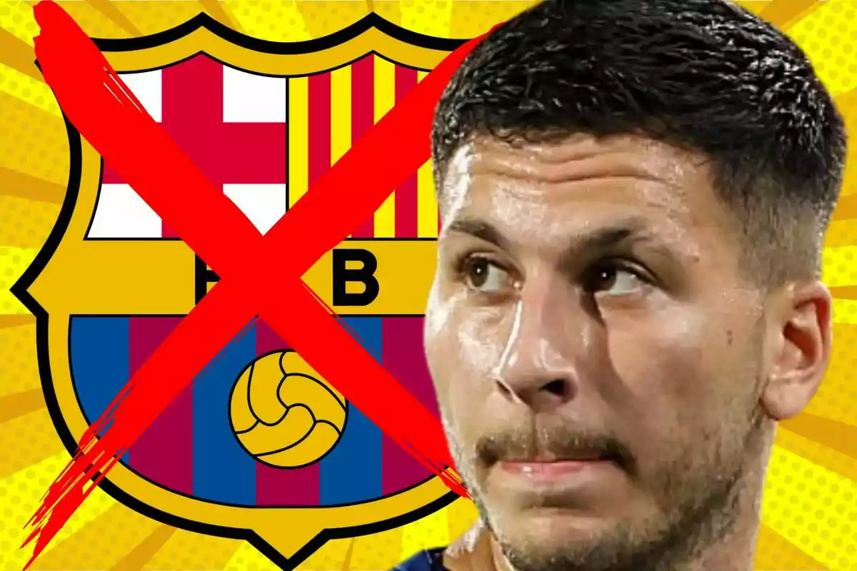 Un jugador de fútbol con el escudo del Barcelona de fondo tachado con una gran X roja