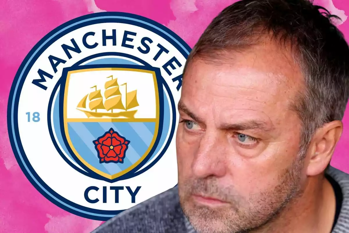 Hombre de expresión seria en primer plano con el escudo del Manchester City de fondo sobre un fondo rosa