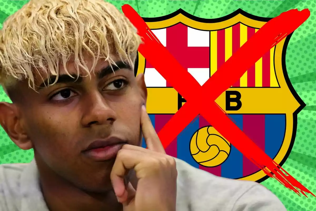 Young man with platinum blonde hair and a serious expression in front of the FC Barcelona crest crossed out with a big red X
