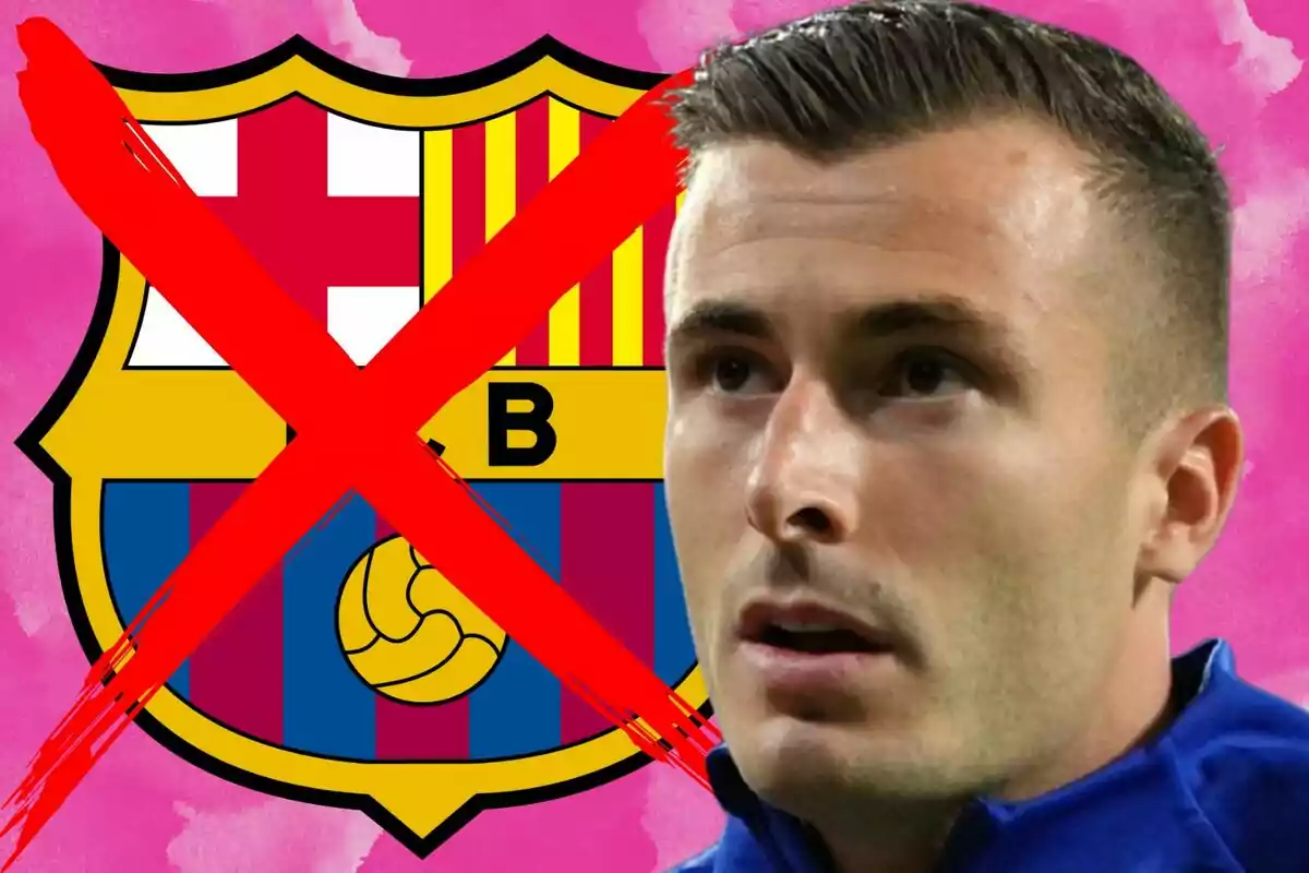 A man with a serious expression appears in front of the Barcelona crest crossed out with a large red X on a pink background.
