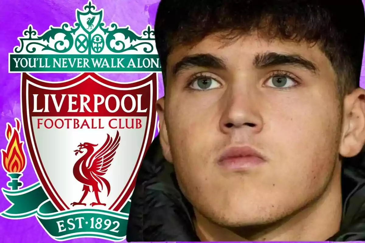 Young dark-haired man next to the Liverpool Football Club crest on a purple background