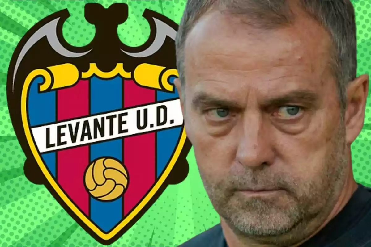 Levante U.D. crest next to the serious face of a man on a green background with dots.