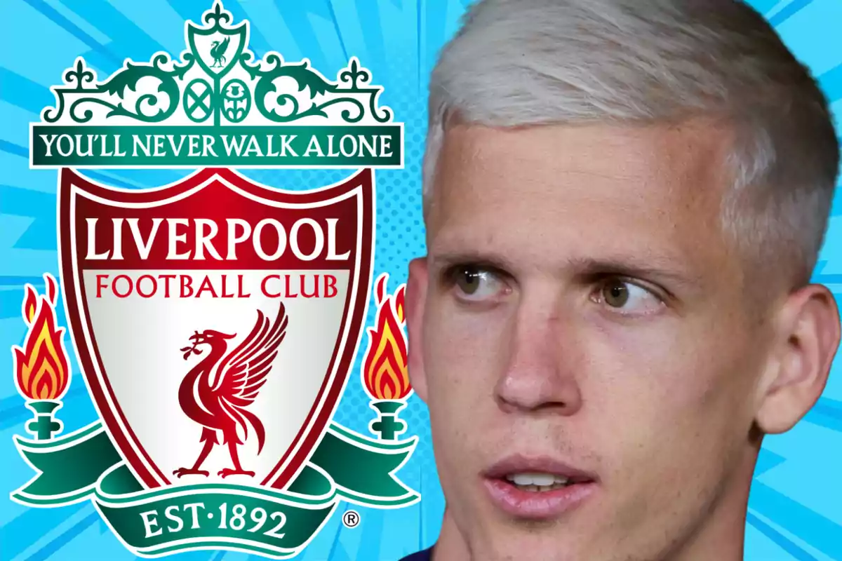 Un hombre rubio aparece junto al escudo del Liverpool Football Club sobre un fondo azul