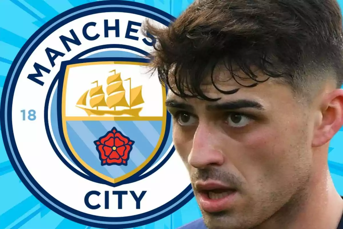 A player with a serious expression appears in the foreground next to the Manchester City crest against a blue background.