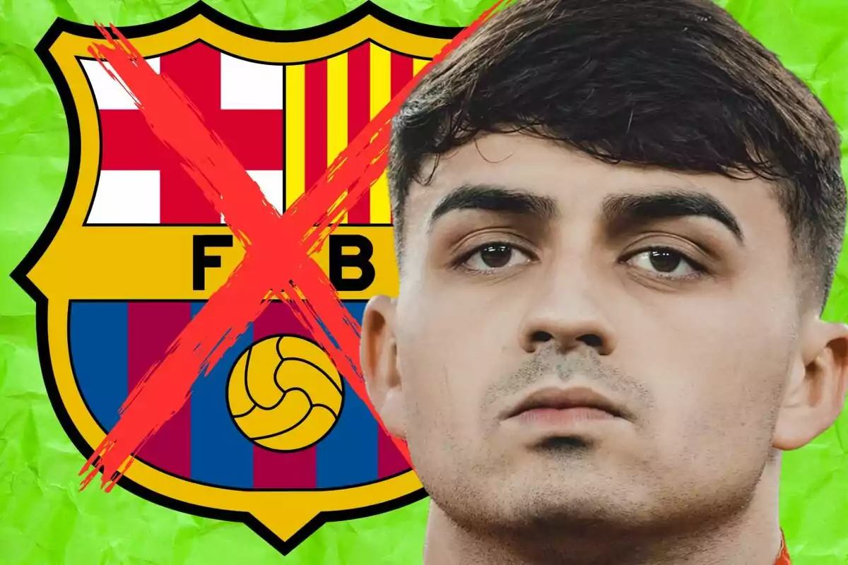 Un jugador con expresión seria frente al escudo del FC Barcelona tachado con una gran X roja sobre un fondo verde.