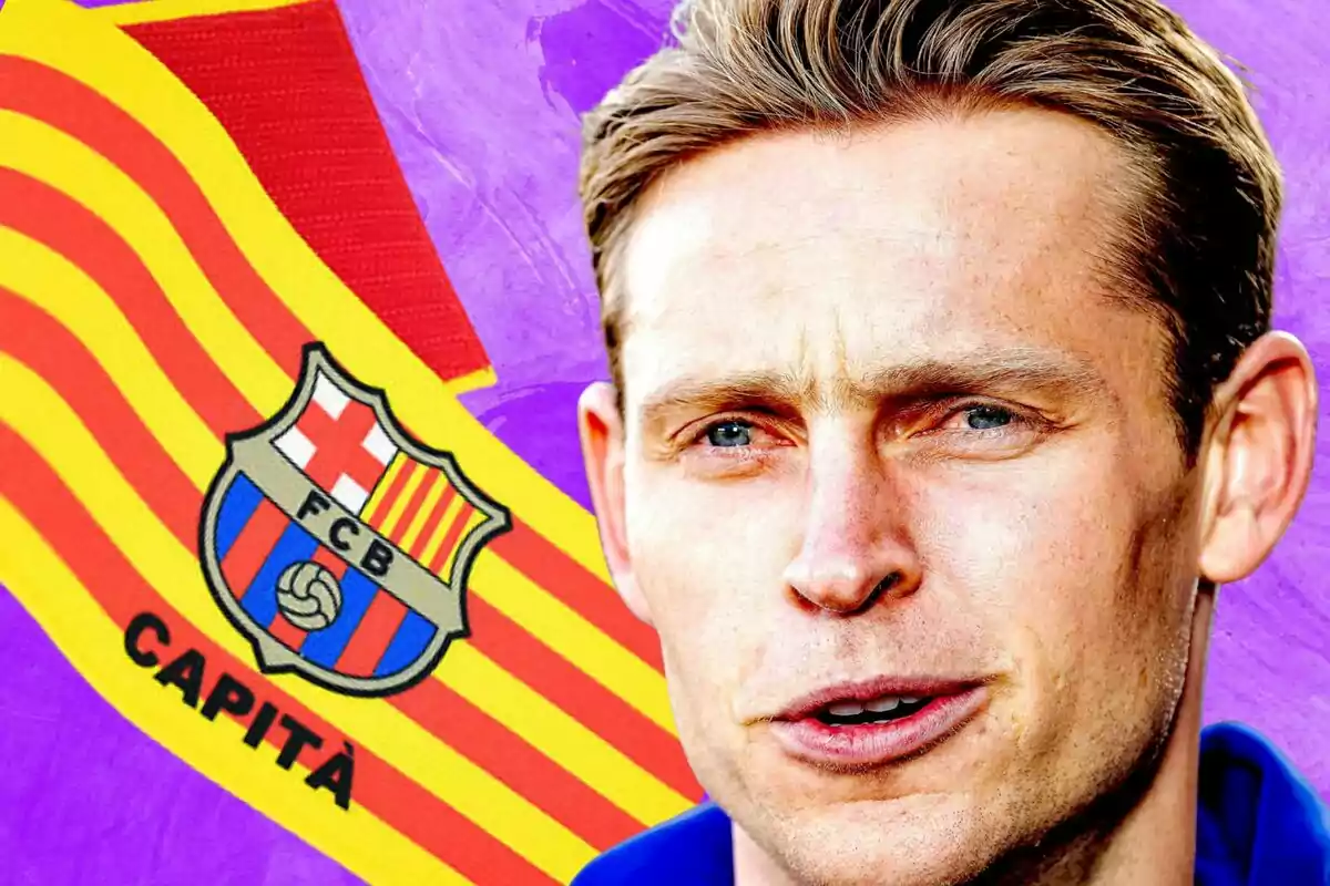 A blond man in the foreground with a serious expression and, in the background, a FC Barcelona captain's armband against a purple backdrop