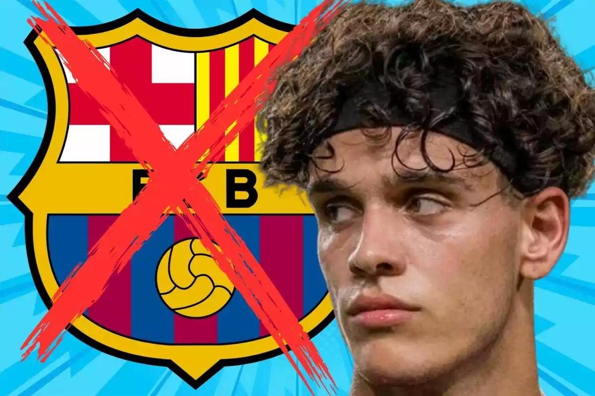 FC Barcelona crest crossed out with a big red X and a young curly-haired footballer in the foreground looking to the side