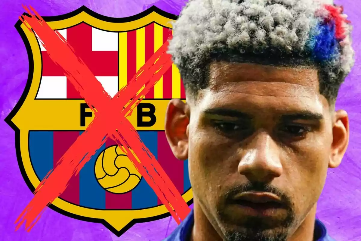 Player with a serious expression in front of the FC Barcelona crest crossed out with a large red X on a purple background