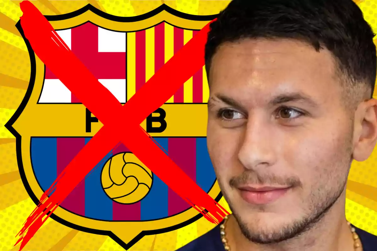 A man looks to the right with the FC Barcelona crest in the background crossed out with a big red X.