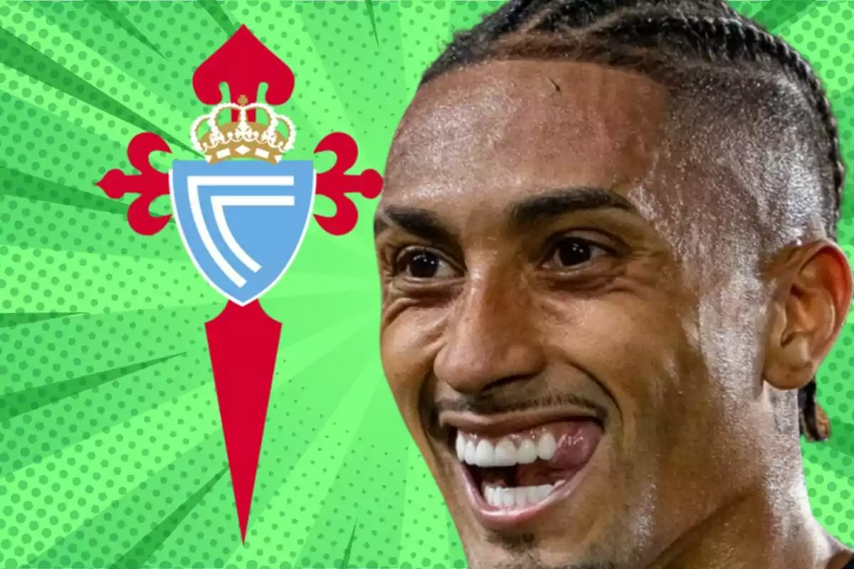 Un futbolista sonriente en primer plano con el escudo del Celta de Vigo al fondo sobre un diseño verde llamativo