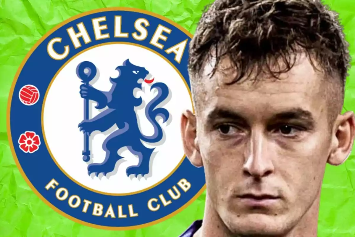 A player with a serious expression appears in the foreground next to the Chelsea crest against a green background.