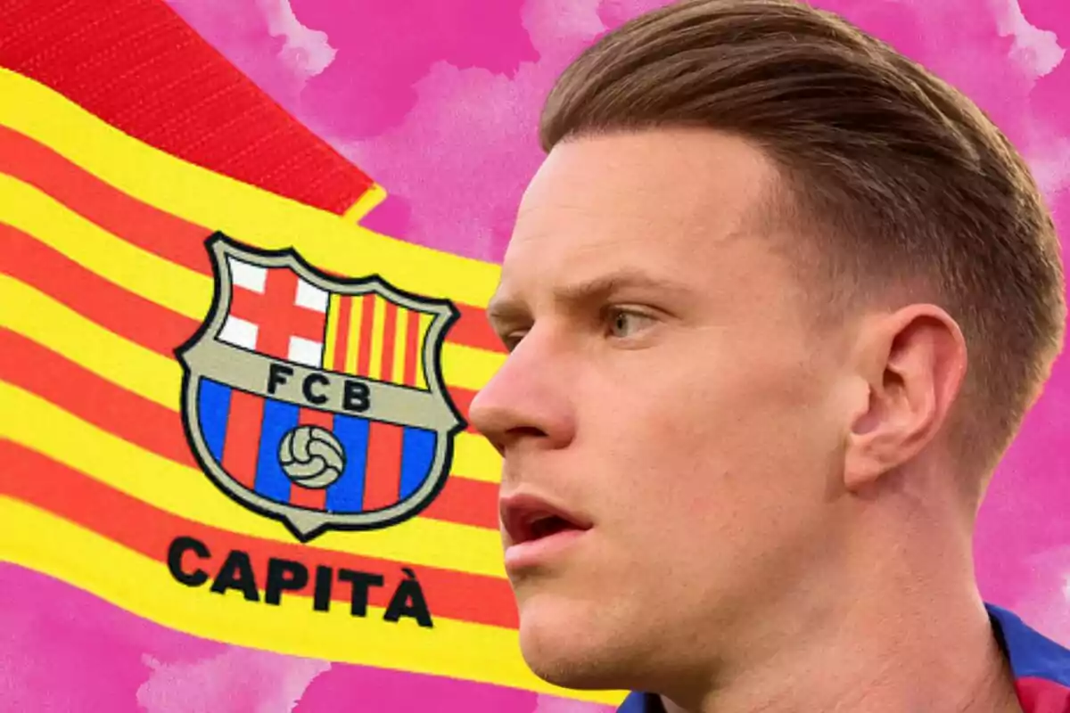 A FC Barcelona player with the club’s flag and the word "capitá" in the background