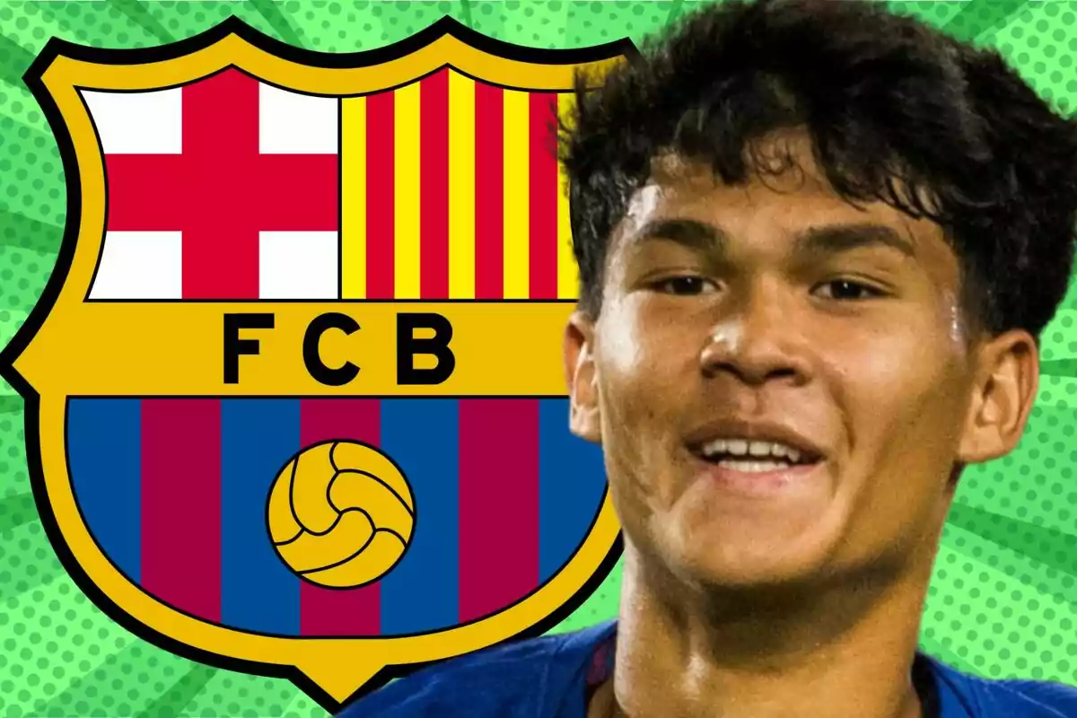 Smiling young player with the FC Barcelona crest in the background on a green design