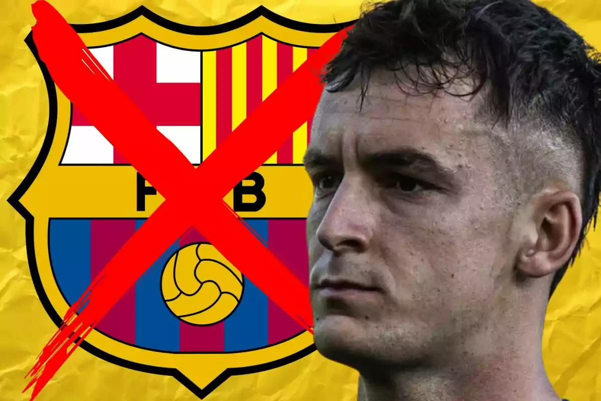 Un jugador de fútbol con expresión seria frente al escudo del FC Barcelona tachado con una gran X roja sobre fondo amarillo