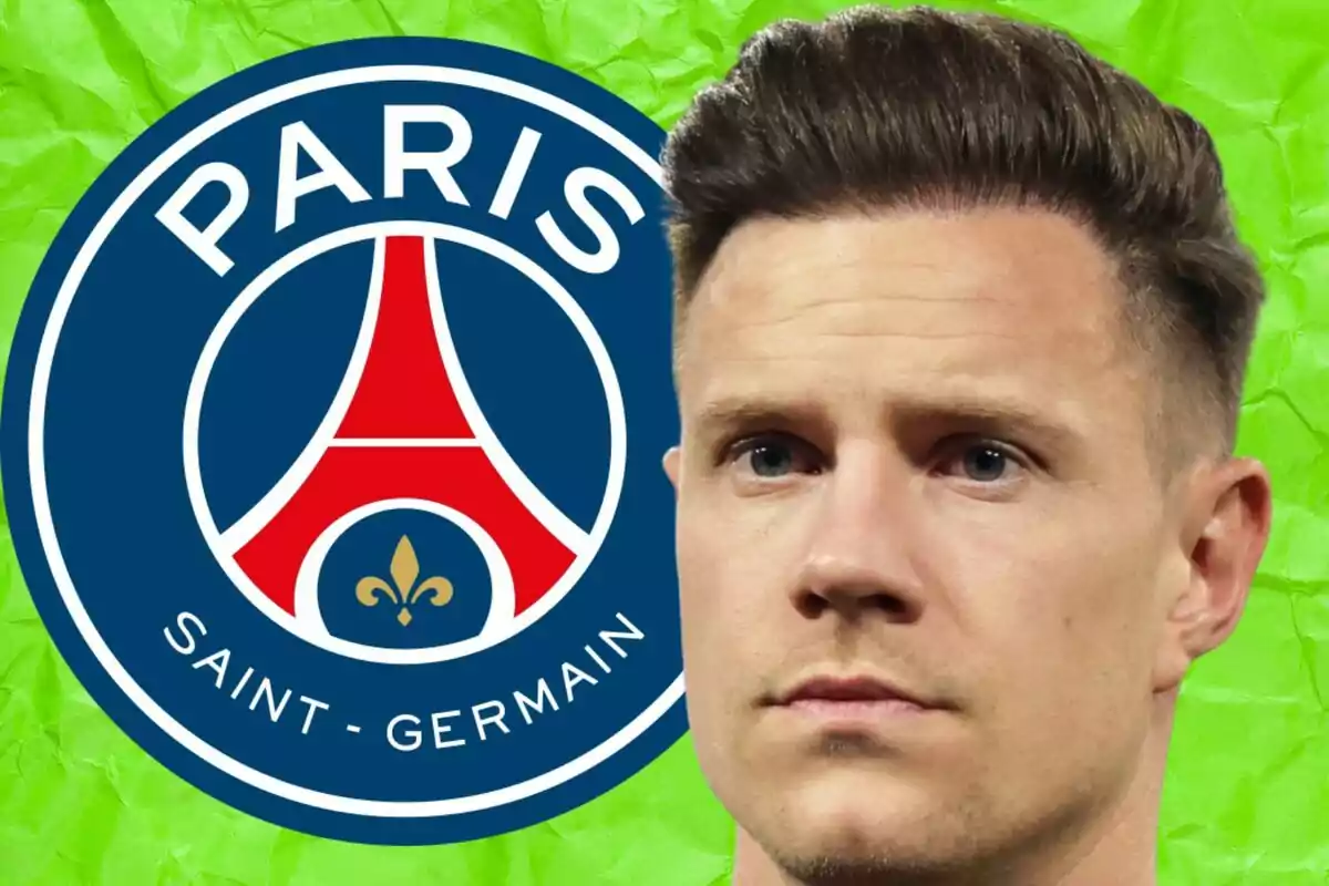 Un hombre de cabello corto aparece en primer plano junto al escudo del club de fútbol Paris Saint-Germain sobre un fondo verde.