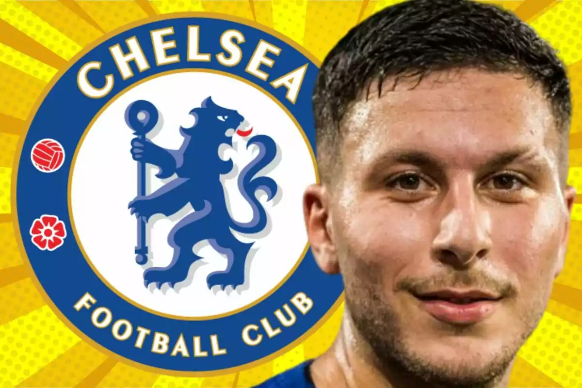 A player smiles in front of the Chelsea crest with a striking yellow background.