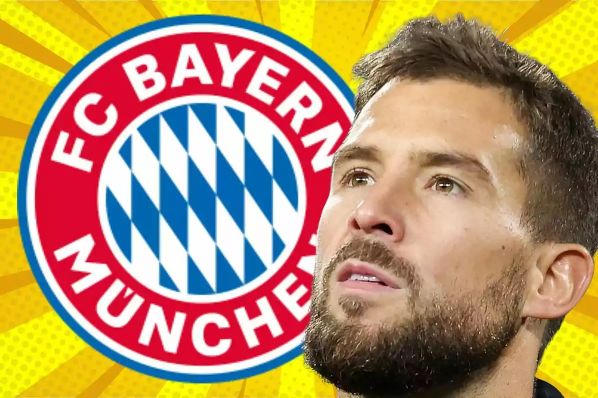 Hombre con barba frente al escudo del FC Bayern Múnich sobre un fondo amarillo llamativo
