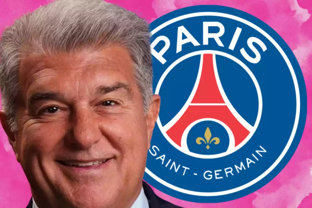 Smiling gray-haired man in front of the Paris Saint-Germain football club logo against a pink background