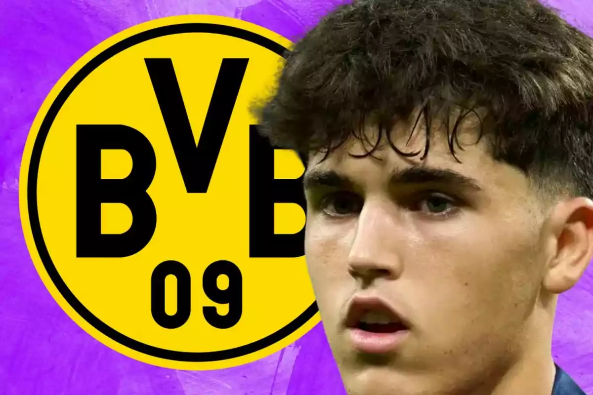 Young player with a serious expression in front of the yellow and black Borussia Dortmund logo against a purple background.