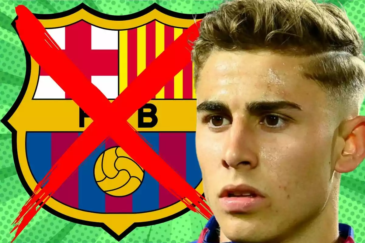 Un joven futbolista con expresión seria aparece junto al escudo del FC Barcelona tachado con una gran X roja sobre un fondo verde.
