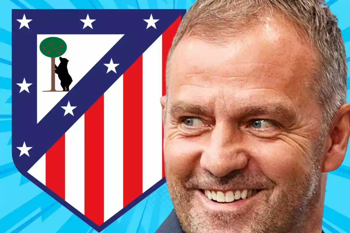 Smiling man in the foreground with the Atlético de Madrid crest in the background