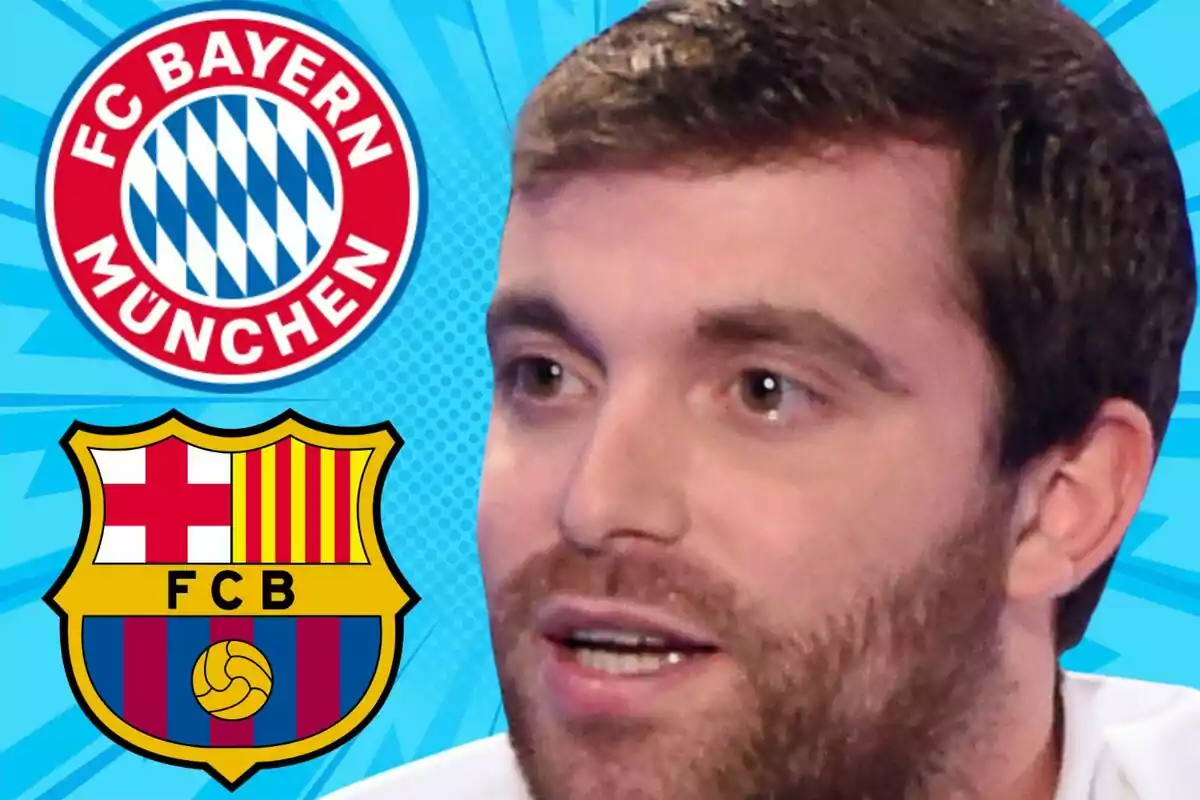 Hombre de barba con fondo azul y los escudos del Bayern Múnich y el FC Barcelona