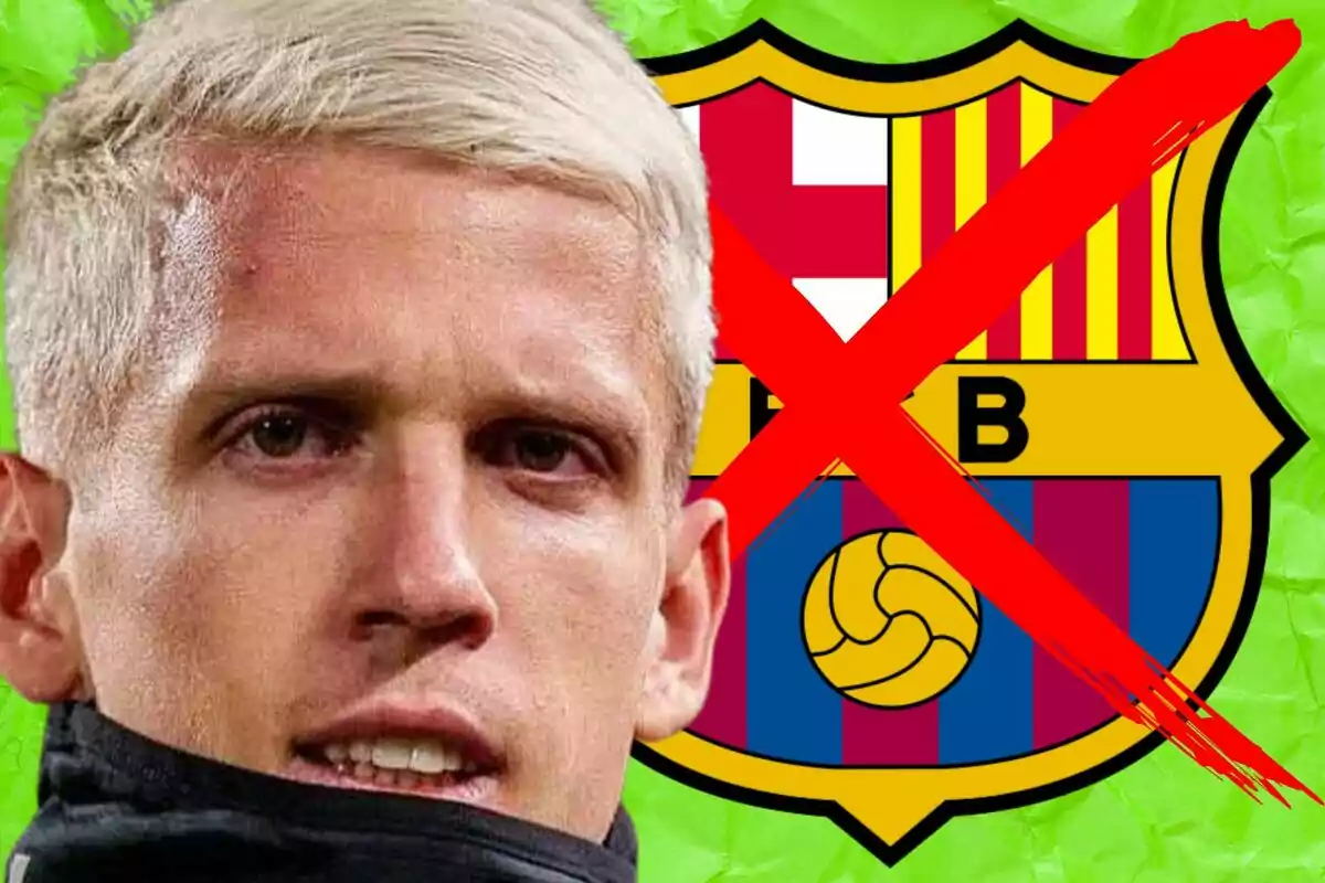 A blond man in the foreground with the FC Barcelona crest in the background crossed out with a large red X on a green background.