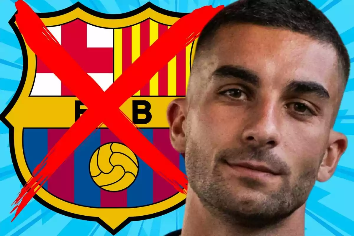 Escudo del FC Barcelona con una gran equis roja y el rostro de un futbolista en primer plano