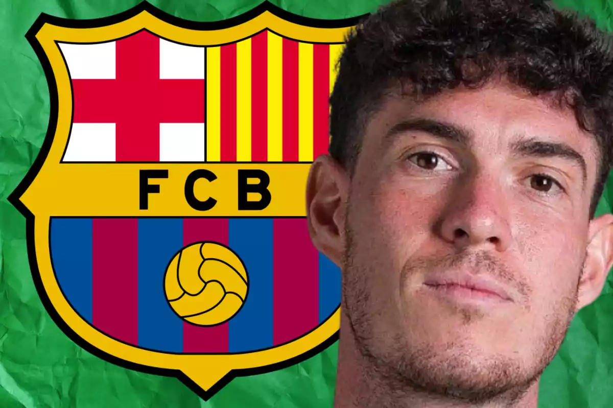 A man with short, curly hair appears in the foreground with the FC Barcelona crest in the background on a green surface.